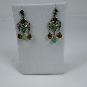 Vintage Monet Multi-Gem Dangle Earrings - Green & Amber Stones